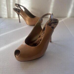 Sam Edelman Peep Toe Slingback Heels Nude Patent Leather Women’s Size 6.5M